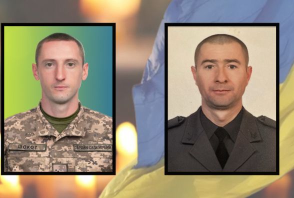 На щиті двоє воїнів з Хмельниччини: Андрій Бельський та Юрій Шокот