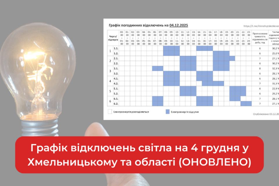 Графік відключень світла на 4 грудня у Хмельницькому та області (ОНОВЛЕНО)