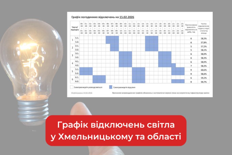 Графік погодинних відключень світла у Хмельницькому та області на 15 лютого