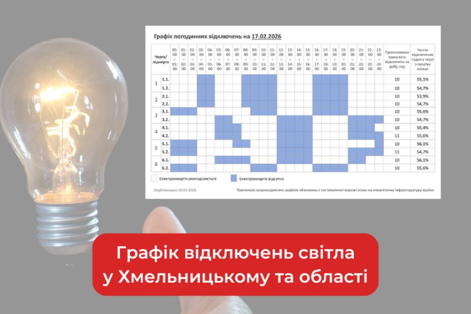 Графік погодинних відключень світла у Хмельницькому та області на 17 лютого