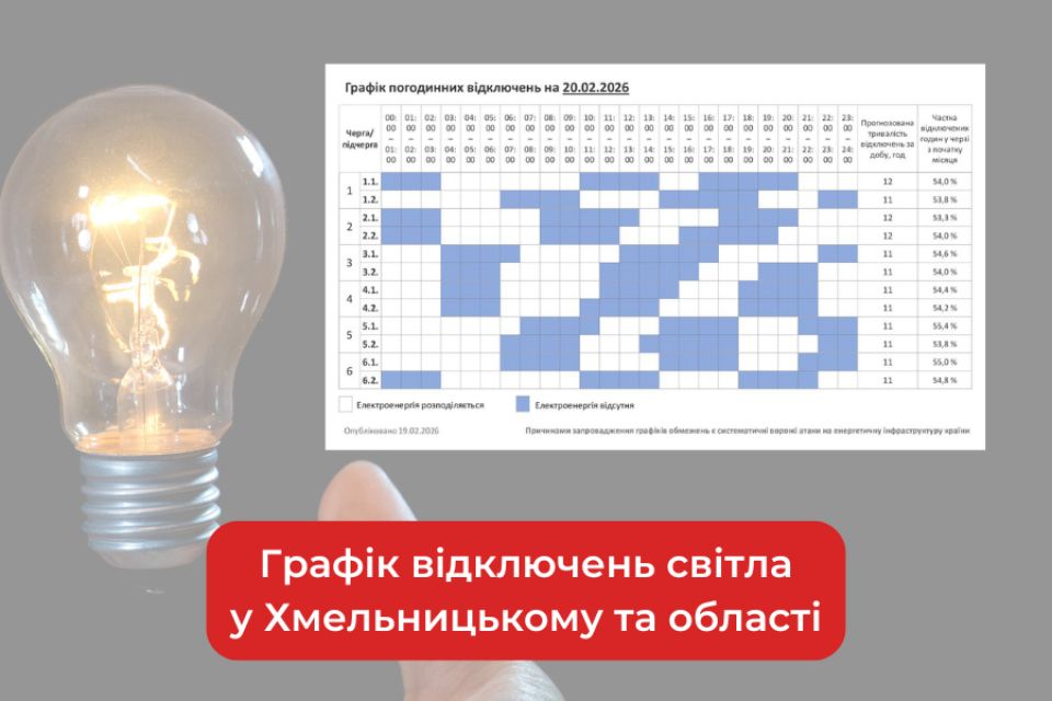 Графік погодинних відключень світла у Хмельницькому та області на 20 лютого
