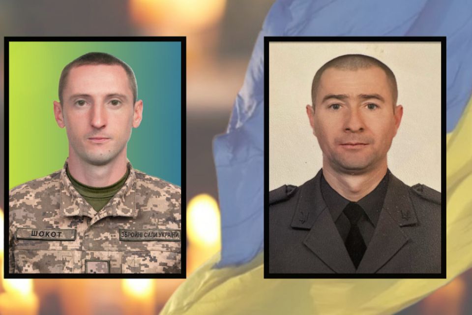 На щиті двоє воїнів з Хмельниччини: Андрій Бельський та Юрій Шокот