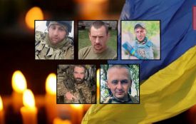 На щиті — військові з Хмельниччини: Сергій Бобочка, Петро Боднар, Богдан Рижик, Сергій Седзюх, Дмитро Шкварун